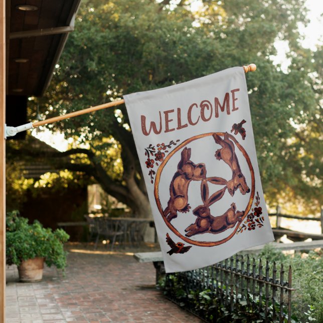 Welcome Three Hares Rabbit Gray Brown Whimsical House Flag (In SItu)