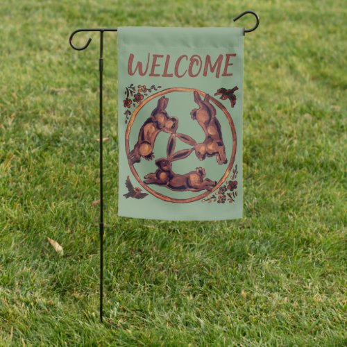 Welcome Three Hares Rabbit Green Brown Whimsical Garden Flag