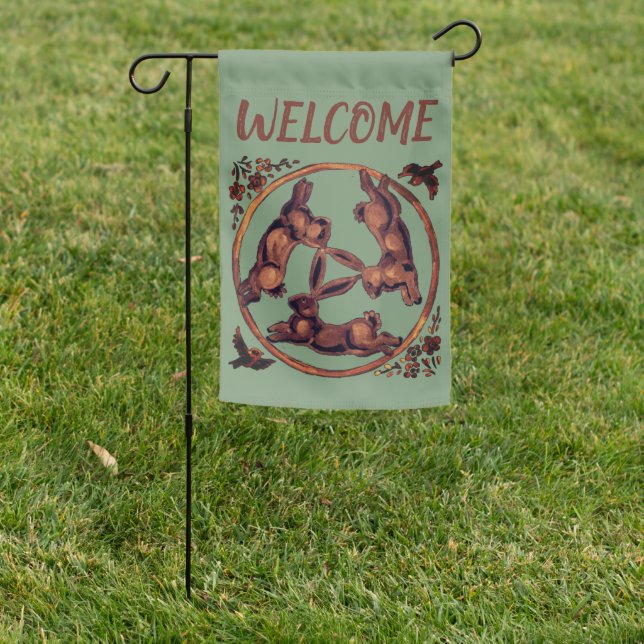 Welcome Three Hares Rabbit Green Brown Whimsical Garden Flag (In SItu)
