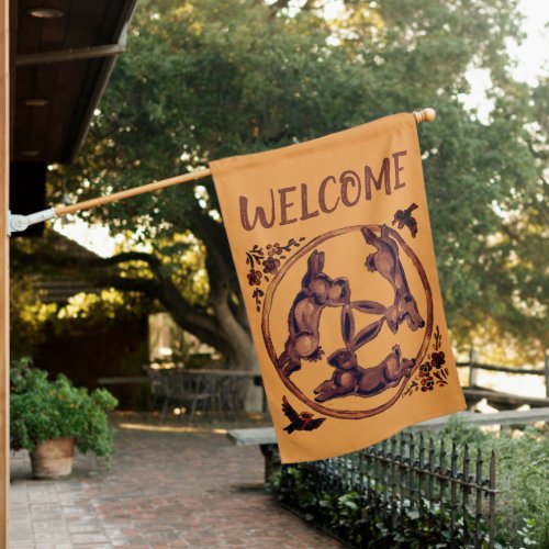 Welcome Three Hares Rabbit Ochre Yellow Brown Fall House Flag