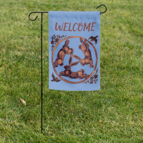 Welcome Three Hares Rabbits Blue Brown Whimsical Garden Flag