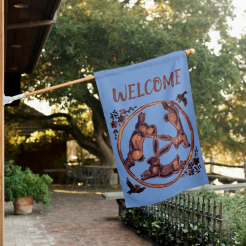 Welcome Three Hares Rabbits Blue Brown Whimsical House Flag