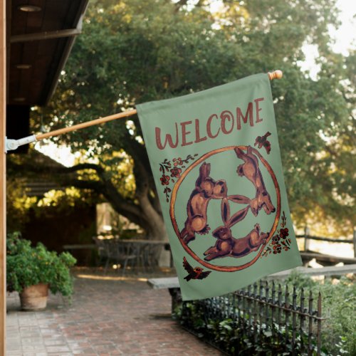 Welcome Three Hares Rabbits Green Brown Whimsical House Flag