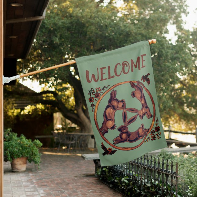 Welcome Three Hares Rabbits Green Brown Whimsical House Flag (In SItu)