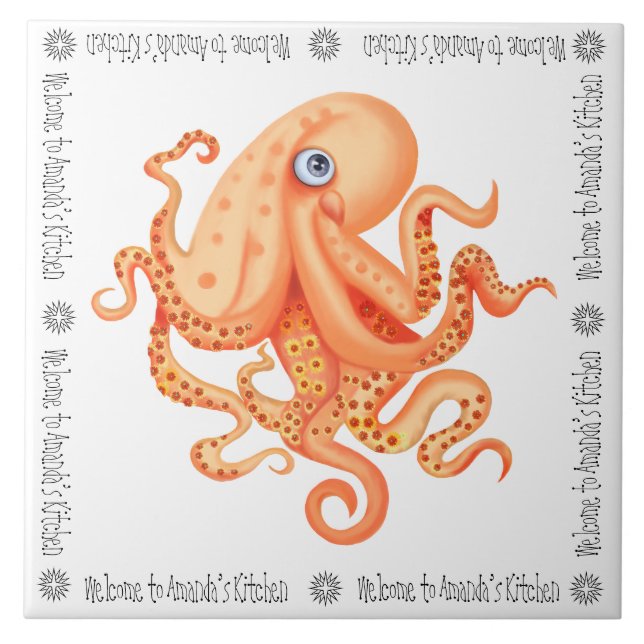 Welcome to Amanda’s Kitchen cute orange octopus Ceramic Tile (Front)