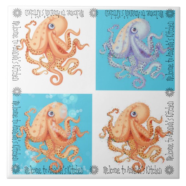 Welcome to Amanda’s Kitchen octopus checker board Ceramic Tile (Front)