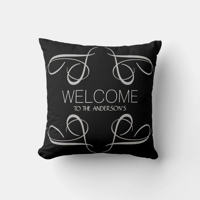 Welcome To Any Family Name Black Grey Swirls Throw Pillow (Front)