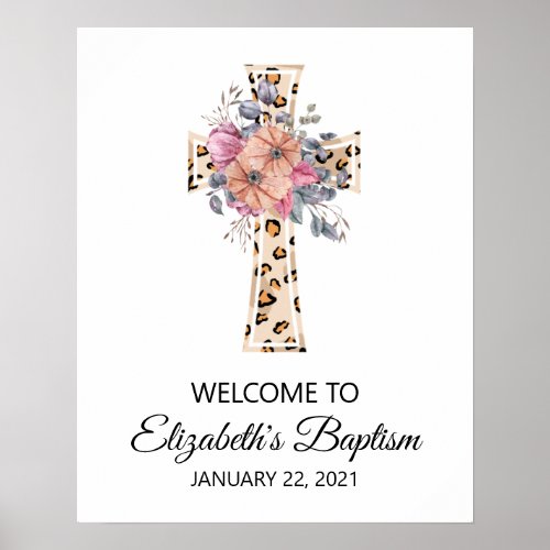 Welcome to Baptism Watercolor Leopard Floral Cross Poster