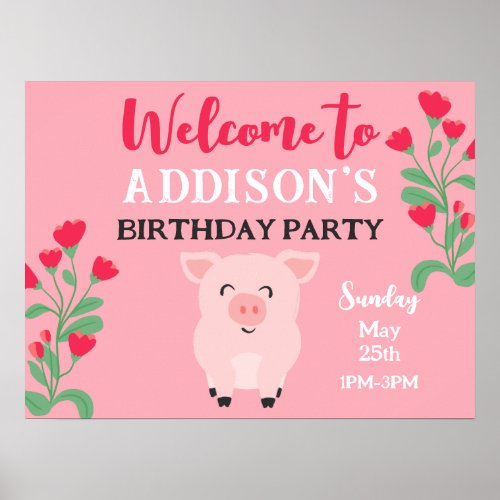 Welcome To Birthday Party Girls Pig Floral Poster