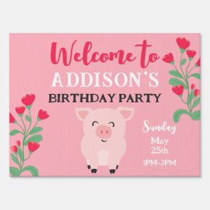 Welcome To Birthday Party Girls Pig Floral Sign