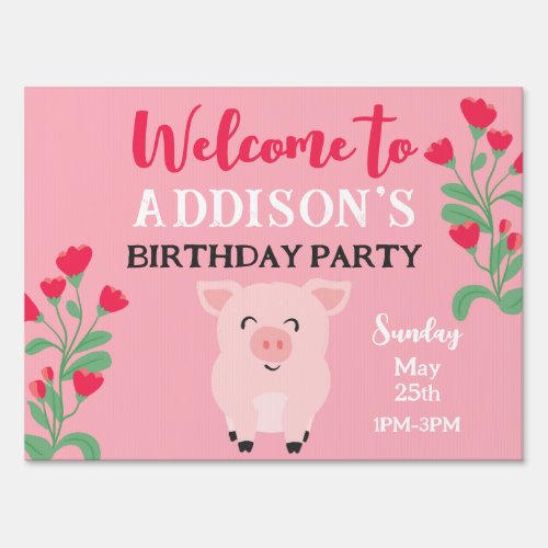 Welcome To Birthday Party Girls Pig Floral Sign