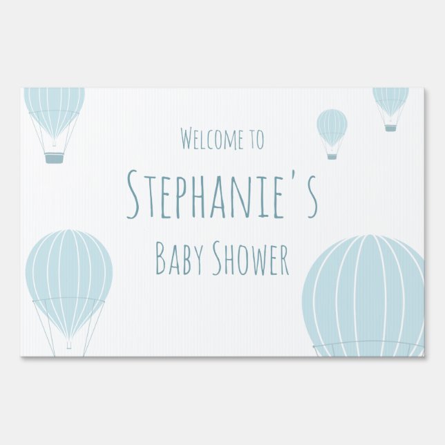 Welcome to Blue Hot Air Balloon Name Baby Shower Sign (Back)