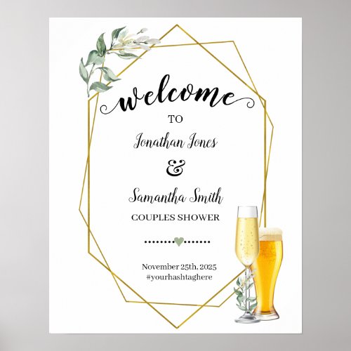 Welcome to bubbles and brews greenery gold shower poster