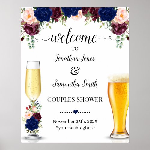 Welcome to bubbles and brews navy burgundy shower poster