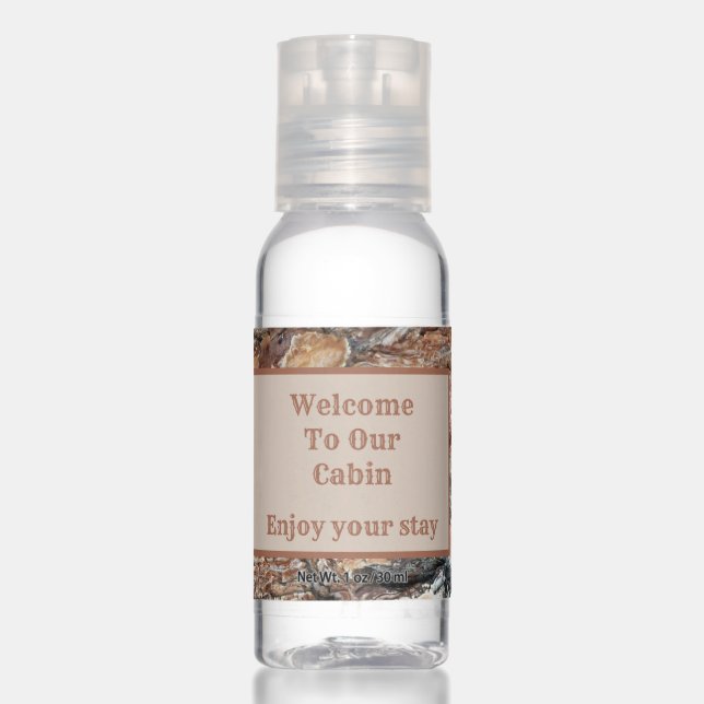 Welcome to Cabin Tree Bark Photo Rustic Guest Hand Sanitizer (Front)