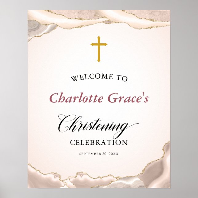 Welcome to Christening Pink Agate Gold Glitter Poster (Front)
