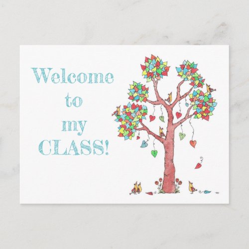 Welcome to Class Tree Hearts and Birds Teacher Postcard