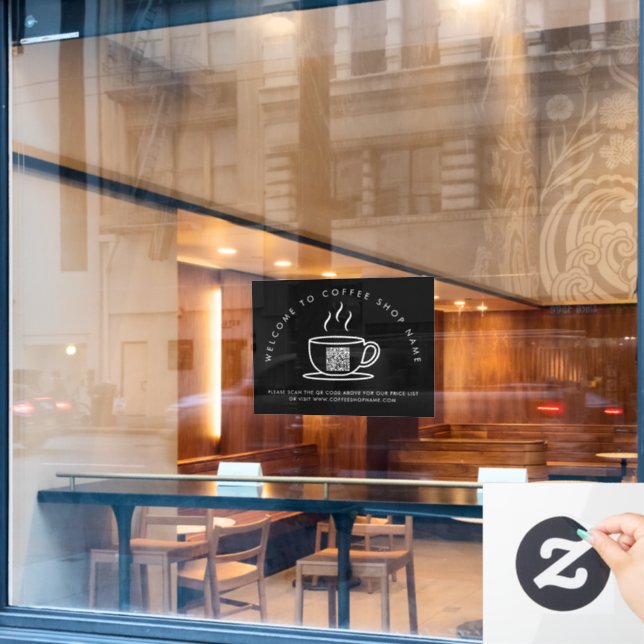 Welcome to Coffee Shop Name QR Code Black Window Cling (Cafe Window)