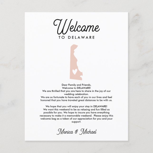 Welcome TO  DELAWARE Letter & Itinerary ANY COLOR (Front)