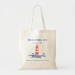 “Welcome To” Destination Wedding Tote Bag<br><div class="desc">Give your guests this sturdy tote bag. The front and back have an image of a lighthouse by the water. The text on the front reads: WELCOME TO/Cape Cod, MA/Thank You For Celebrating Our Special Day. On the back the text reads: OUR WEDDING/August 10, 20XX/Robert & Nicole. All text can...</div>