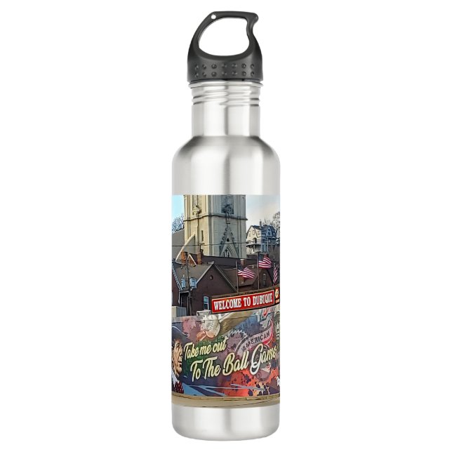 Welcome to Dubuque, Iowa Sign with American Flags Stainless Steel Water Bottle (Front)