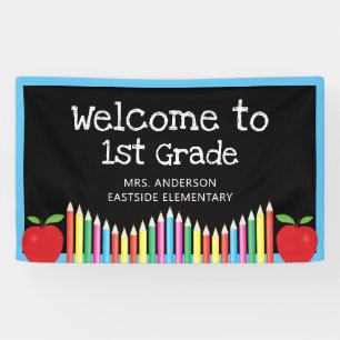 Welcome To First Grade Apple Colored Pencils Banner