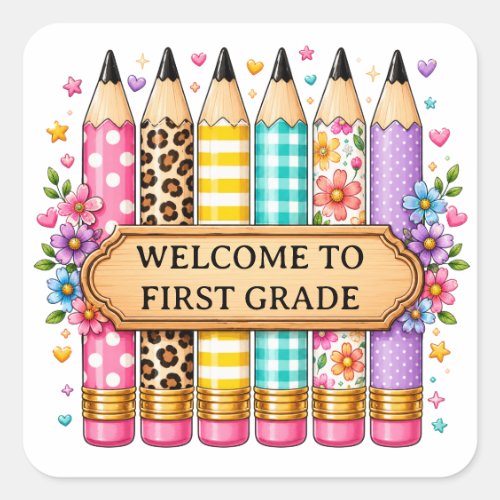 Welcome to First Grade Cartoon Pencil Square Sticker