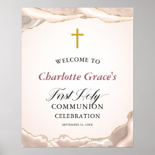 Welcome to First Holy Communion Pink Agate Gold Poster