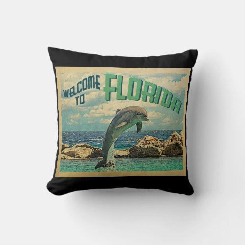 Welcome To Florida Dolphin Vintage Travel Throw Pillow