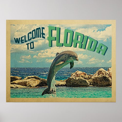 Welcome To Florida Poster Dolphin Vintage Travel