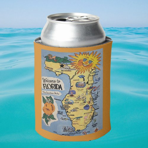 Welcome to Florida vintage map with sun Can Cooler