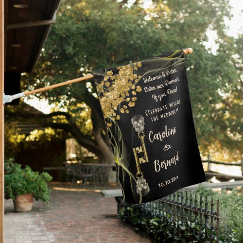 Welcome to Hallowedding Gold Skulls House Flag