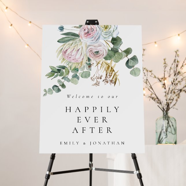Welcome to Happily Ever After Boho Florals Wedding Foam Board (In Situ (Stand))
