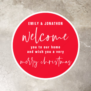 Welcome to Home Name Red White Merry Christmas Floor Decals