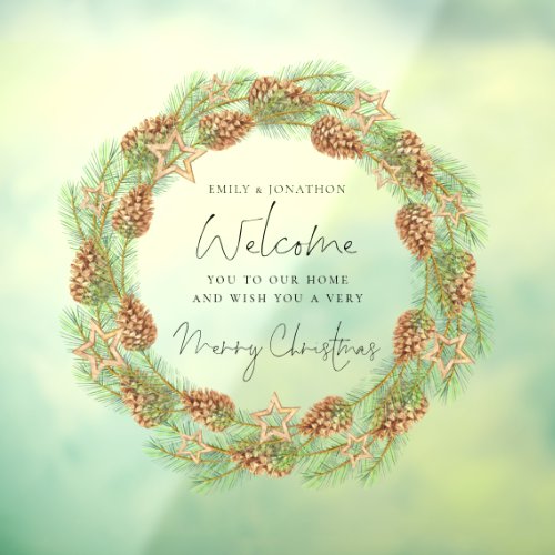 Welcome to Home Script Merry Christmas Cone Wreath Window Cling