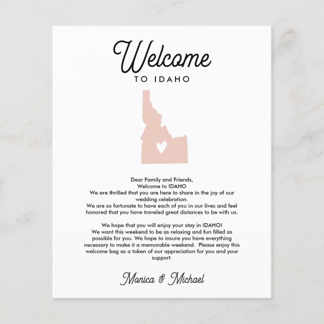 Welcome TO IDAHO Letter & Itinerary ANY COLOR (Front)
