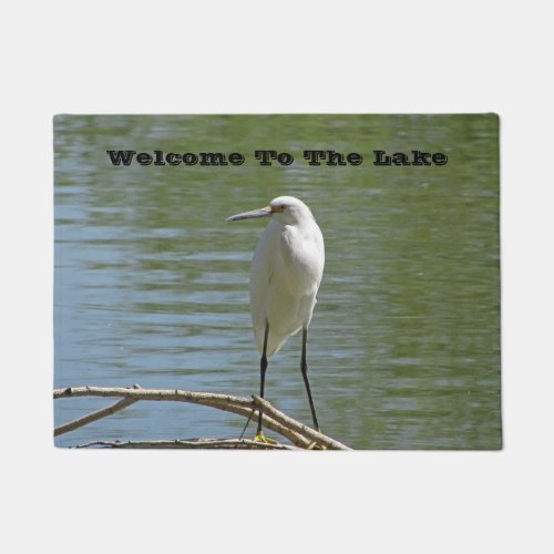 Welcome To Lake White Egret Photo Lakeside Guest Doormat