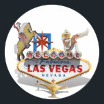 Welcome to Las Vegas Classic Round Sticker<br><div class="desc">Las Vegas Welcome Sign with three famous Las Vegas Icons! * Stickers are available in several shape options. * Choose size and use for DIY projects, crafting projects and scrap booking ideas, sealing envelopes, too! * Resize the design to make room for personal text. * Click the CUSTOMIZE button to...</div>