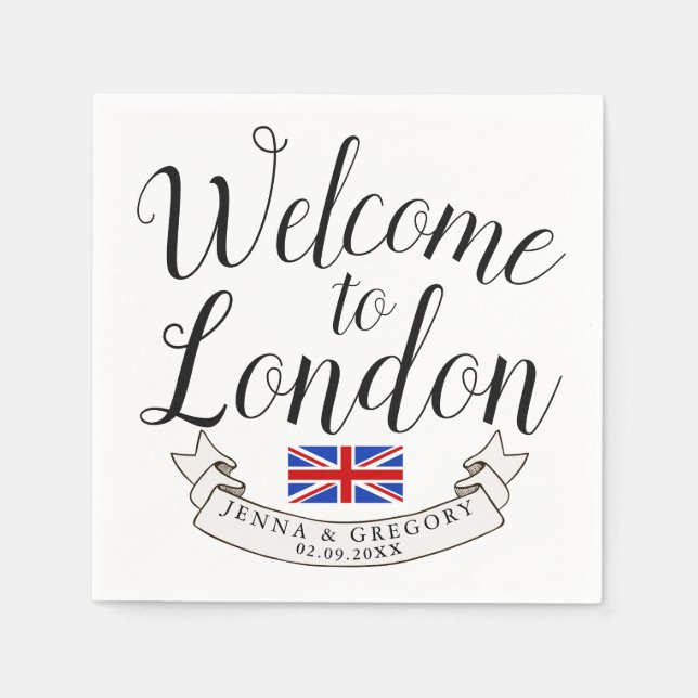 Welcome to London | Destination Wedding Custom Napkins (Front)
