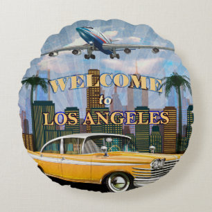 Welcome to Los Angeles retro poster. Round Pillow