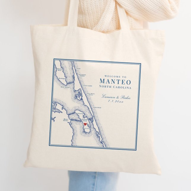 Welcome to Manteo NC Roanoke Wedding Welcome Tote Bag (Manteo NC map Wedding Tote Bag or Wedding Favor Welcome Bag by Coastal Map Designs)