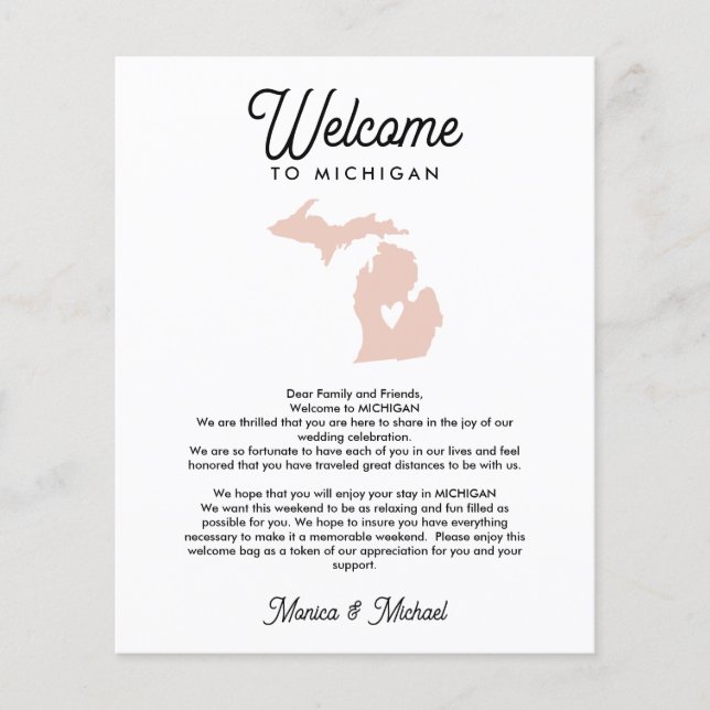 Welcome TO MICHIGAN Letter & Itinerary ANY COLOR (Front)