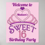 Welcome to My 16th Birthday Party Cute Custom Poster<br><div class="desc">Personalized pretty sweet sixteen birthday party sign with a pink tiara topped with a purple heart and your teenage girl's name inside of it. Cute Sweet Sixteen written in beautiful script for your princess who deserves a royal crown. Welcome to My Birthday Party signage.</div>