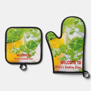 Welcome to Name’s Cooking Class Herb Art Oven Mitt & Pot Holder Set