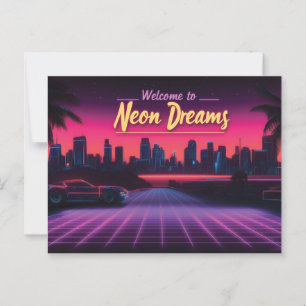 Welcome to Neon Dreams - Retro Wave Cityscape Postcard