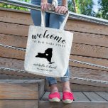 Welcome to New YORK  State Silhouette Wedding Tote Bag<br><div class="desc">Give your guests a warm welcome to your wedding in New York State with a bag full of snacks and treats personalized with the state where you're getting married and the bride and groom's names and wedding date. Design features "welcome" in modern handwritten calligraphy script along with bride and groom's...</div>
