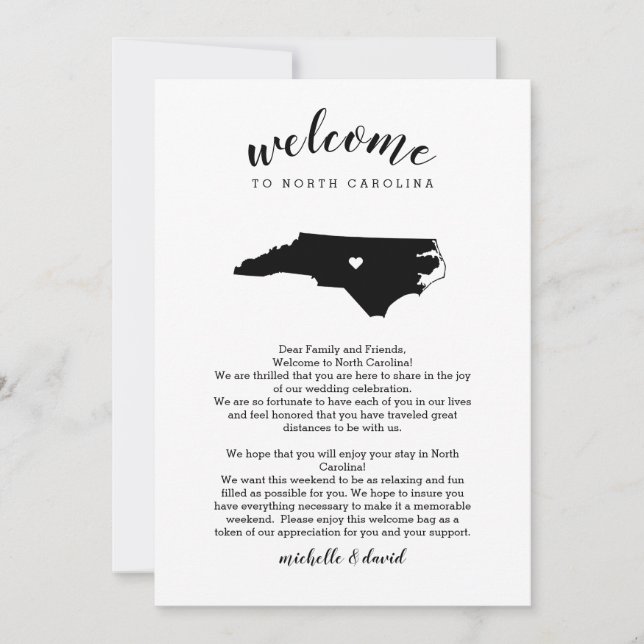 Welcome TO North Carolina Wedding Letter Itinerary (Front)