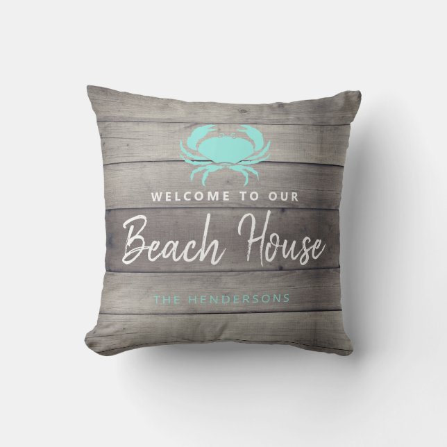 Welcome To Our Beach House Coastal Personalized Outdoor Pillow (Front)