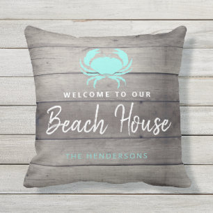 Welcome To Our Beach House Coastal Personalized Outdoor Pillow