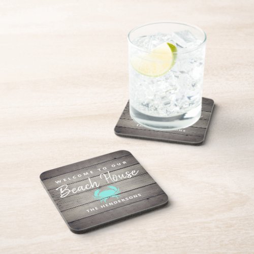 Welcome To Our Beach House Crab Monogram Beverage Coaster